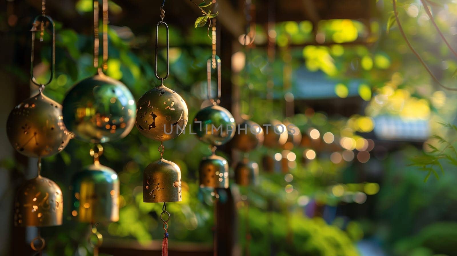 A line of wind chimes swaying, emitting melodious tunes with each gentle breeze.