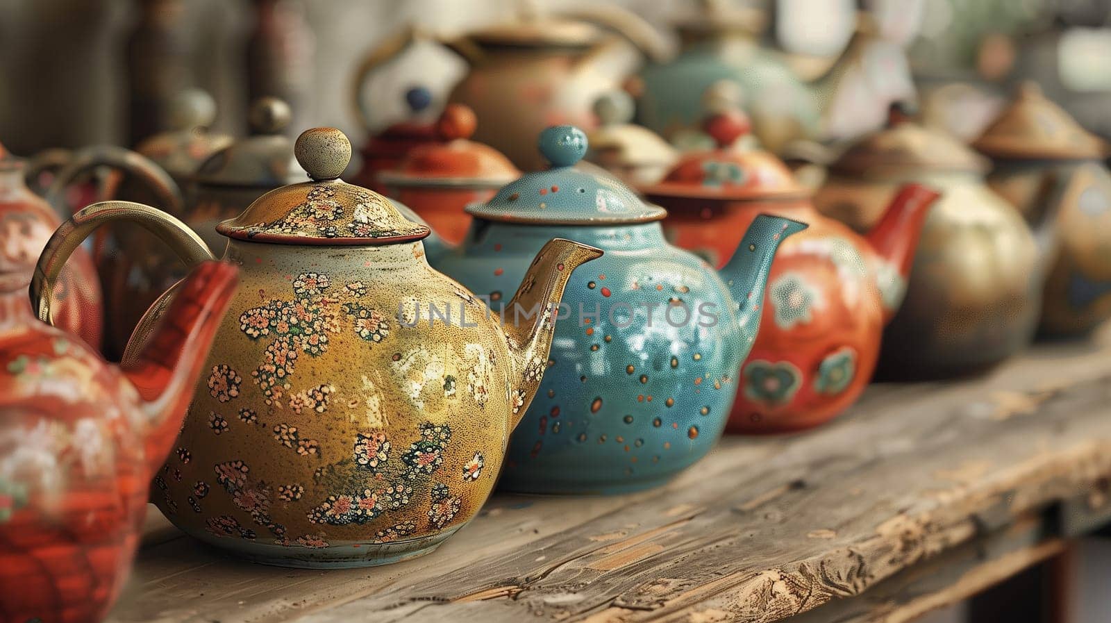 A collection of vintage teapots, each uniquely designed, captures the essence of bygone eras.