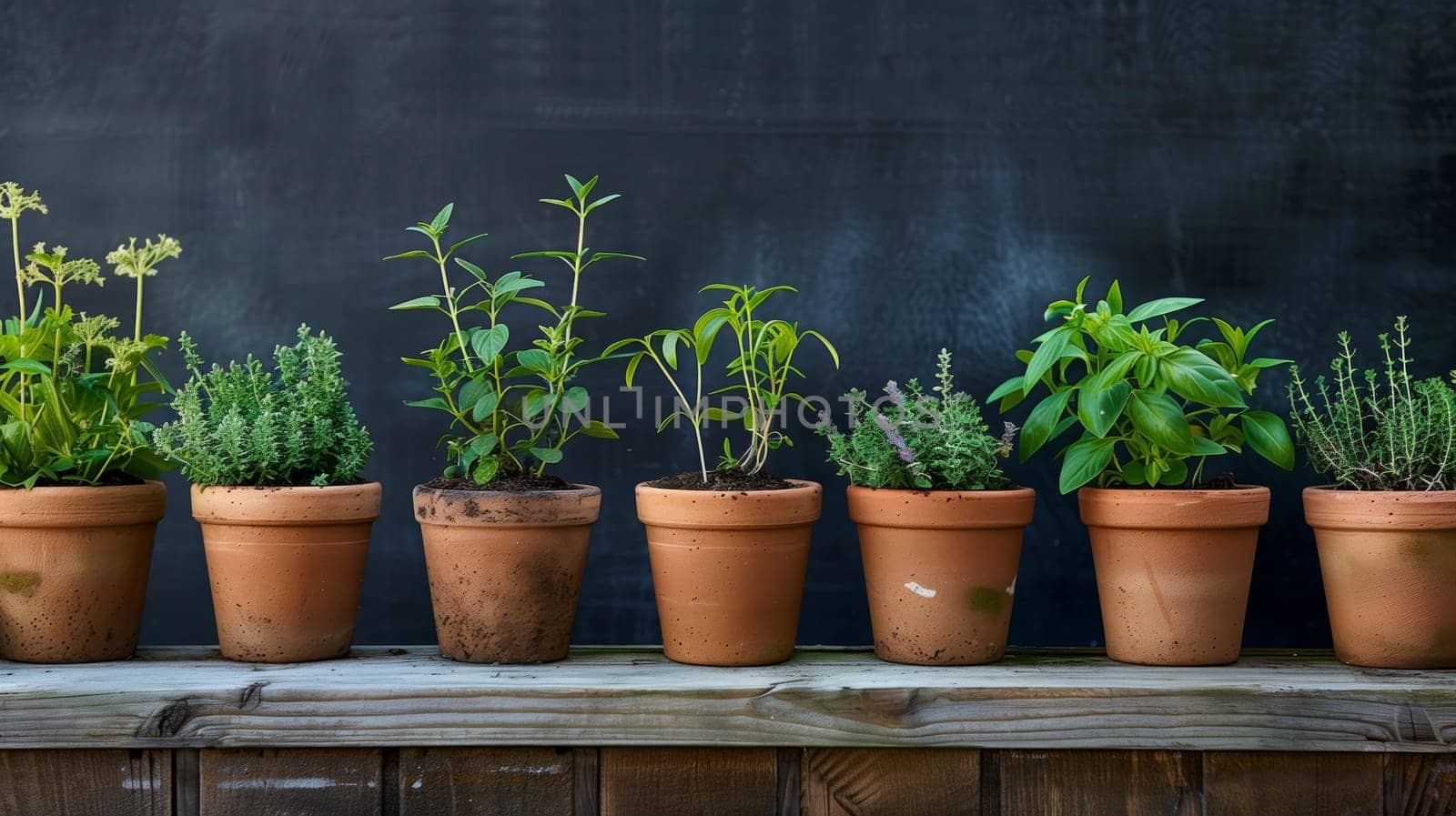 A row of herbs, neatly potted, adds a fresh touch to any space with their greenery and aromatic presence.