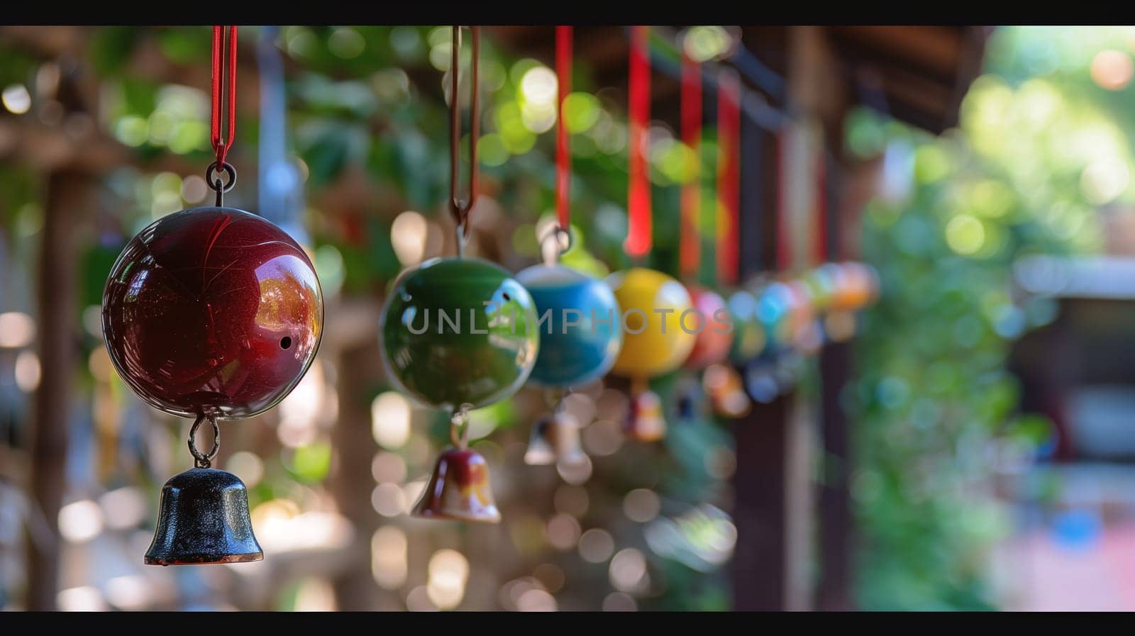 A series of melodious wind chimes sway gently in the breeze, creating harmonious tunes.