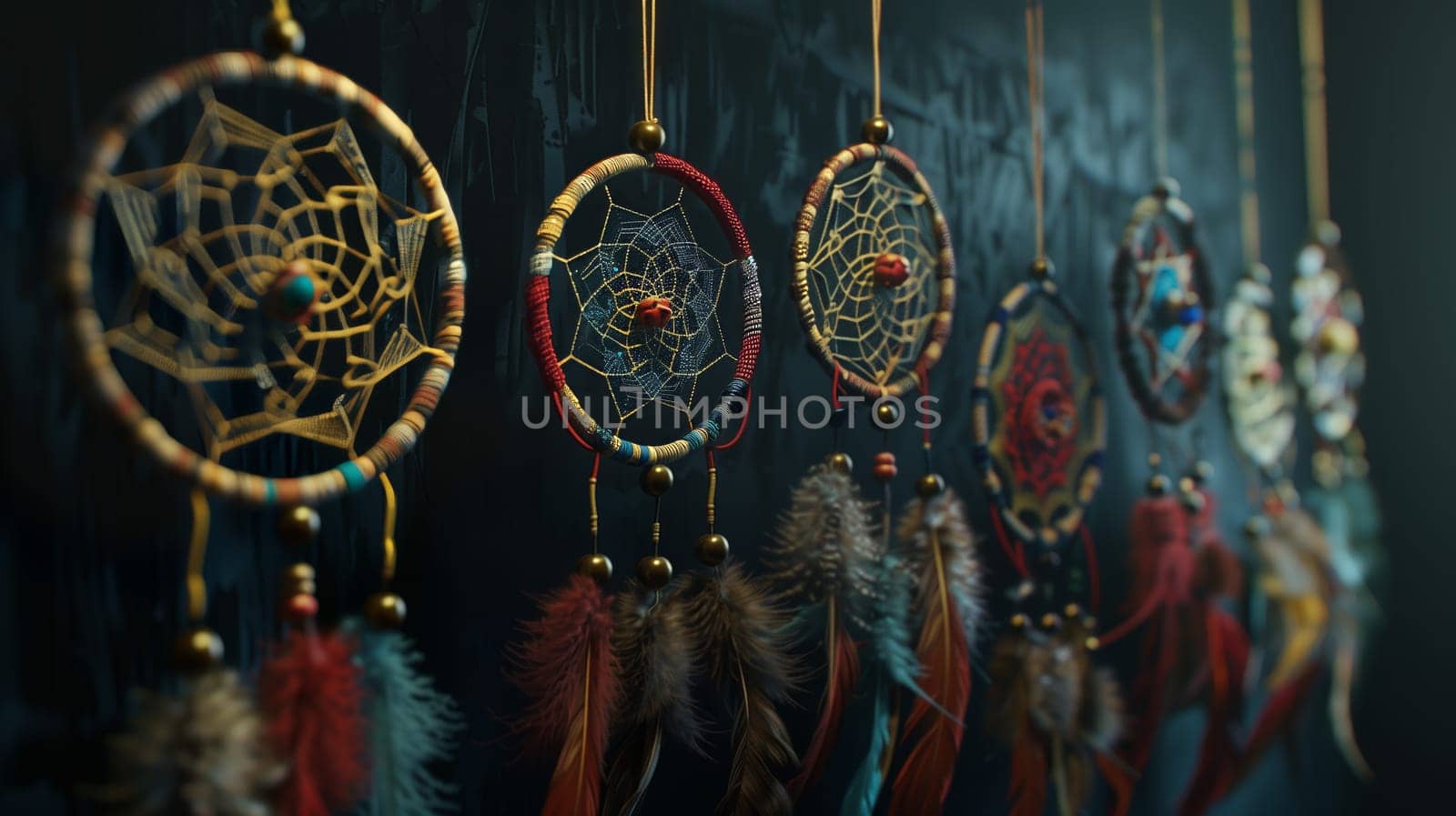 A series of dreamcatchers gracefully suspended, each intricately woven to capture dreams.