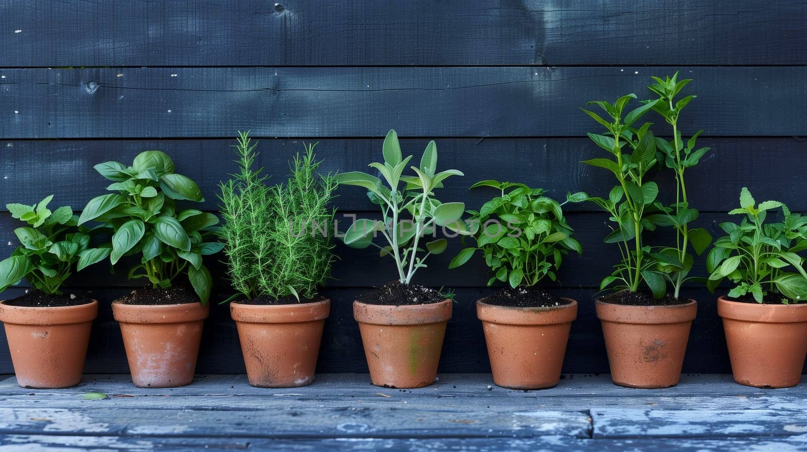 A row of potted herbs, freshly watered, basks in the sunlight, their leaves vibrant and aromatic.