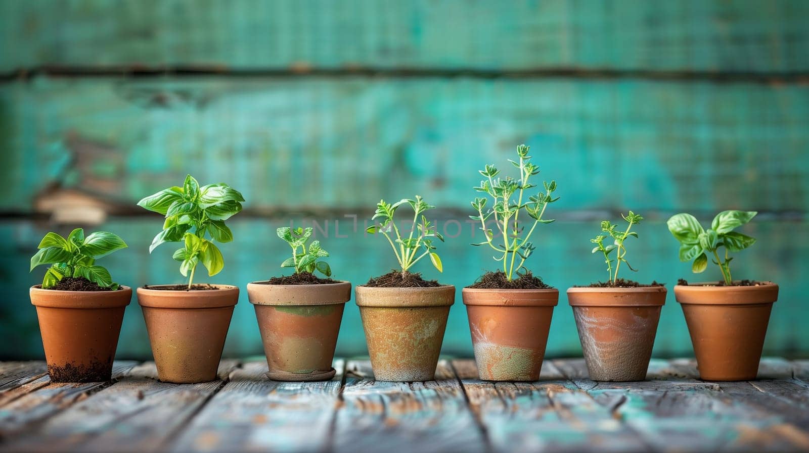 A row of potted herbs flourishing under the tender care of a gardener.