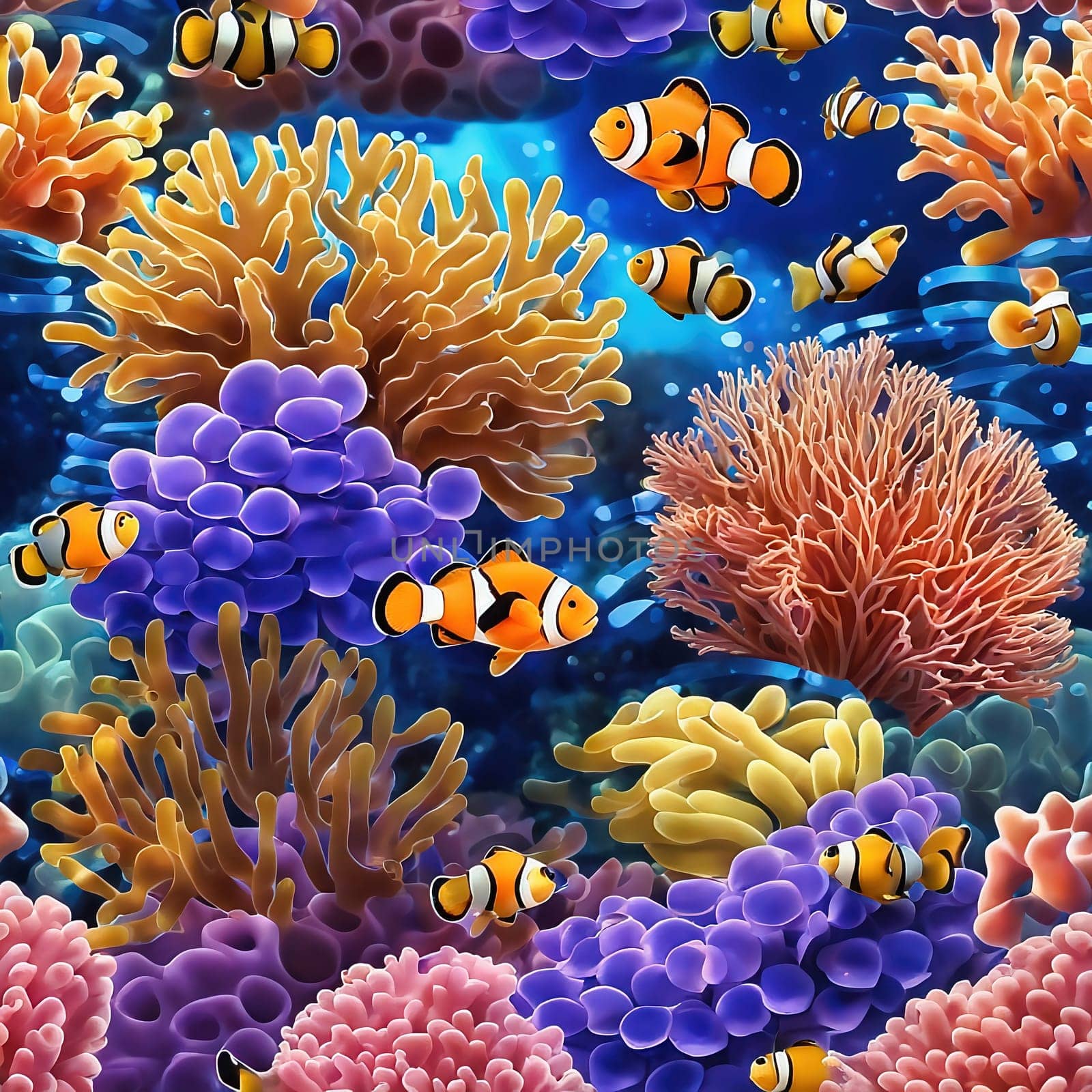 AI clown fish in a coral reef. Aquarium with saltwater underwater world. Fish in front of anemones