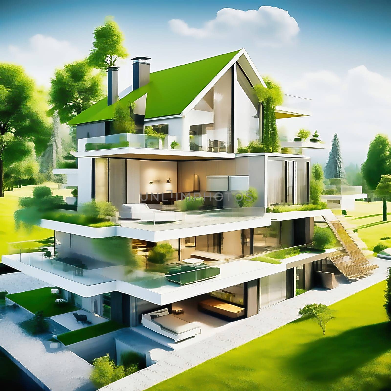 Green technology. Eco house of the future. Renewable energy implemented in architecture. AI generated image