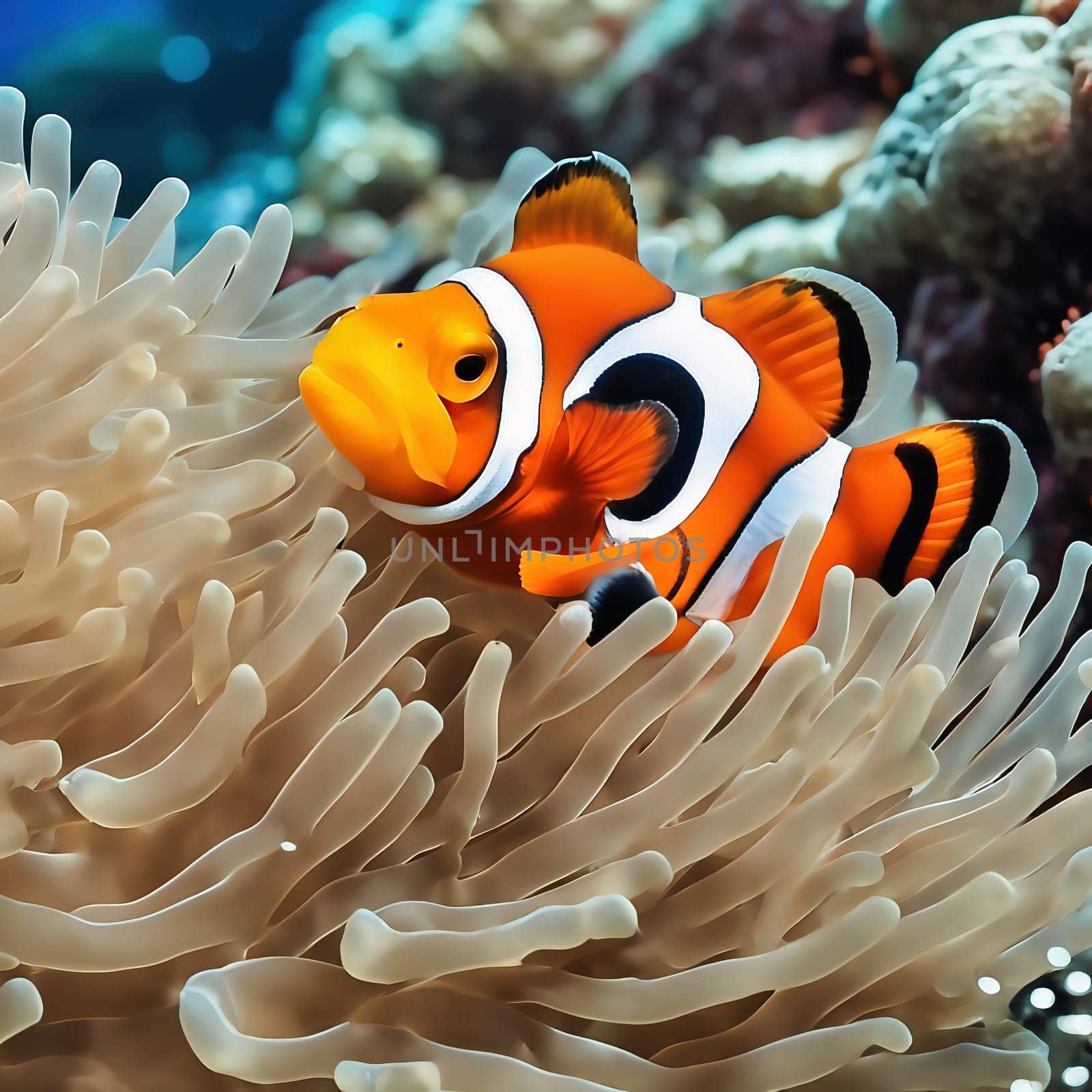 AI clown fish in a coral reef. Aquarium with saltwater underwater world. Fish in front of anemones