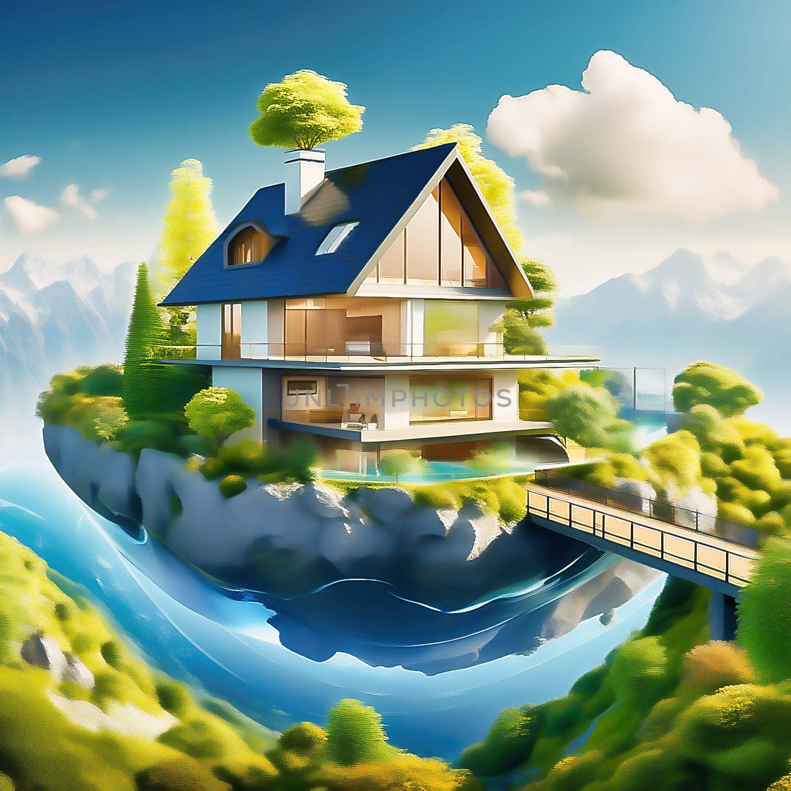 Green technology. Eco house of the future. Renewable energy implemented in architecture. AI generated image