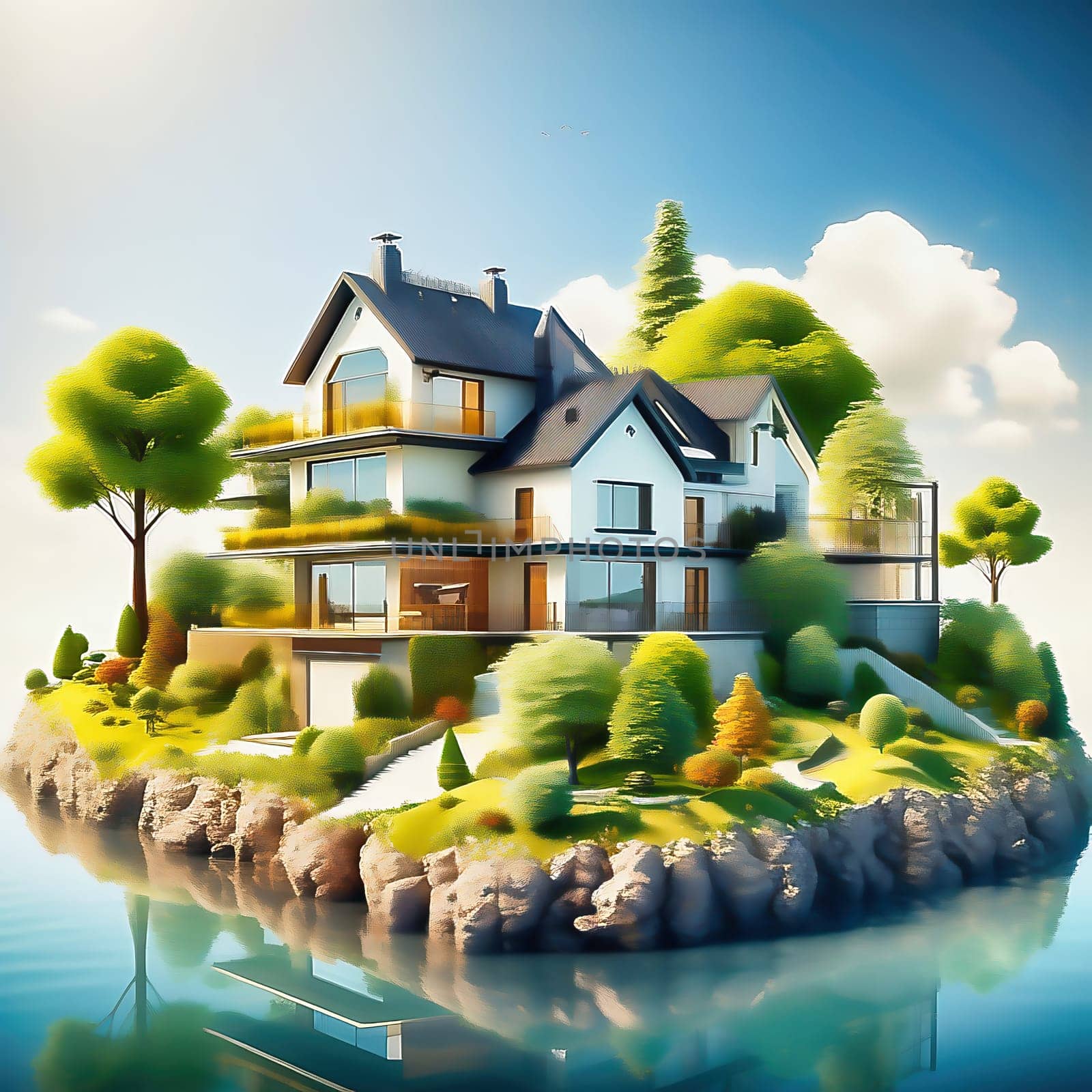 Green technology. Eco house of the future. Renewable energy implemented in architecture. AI generated image
