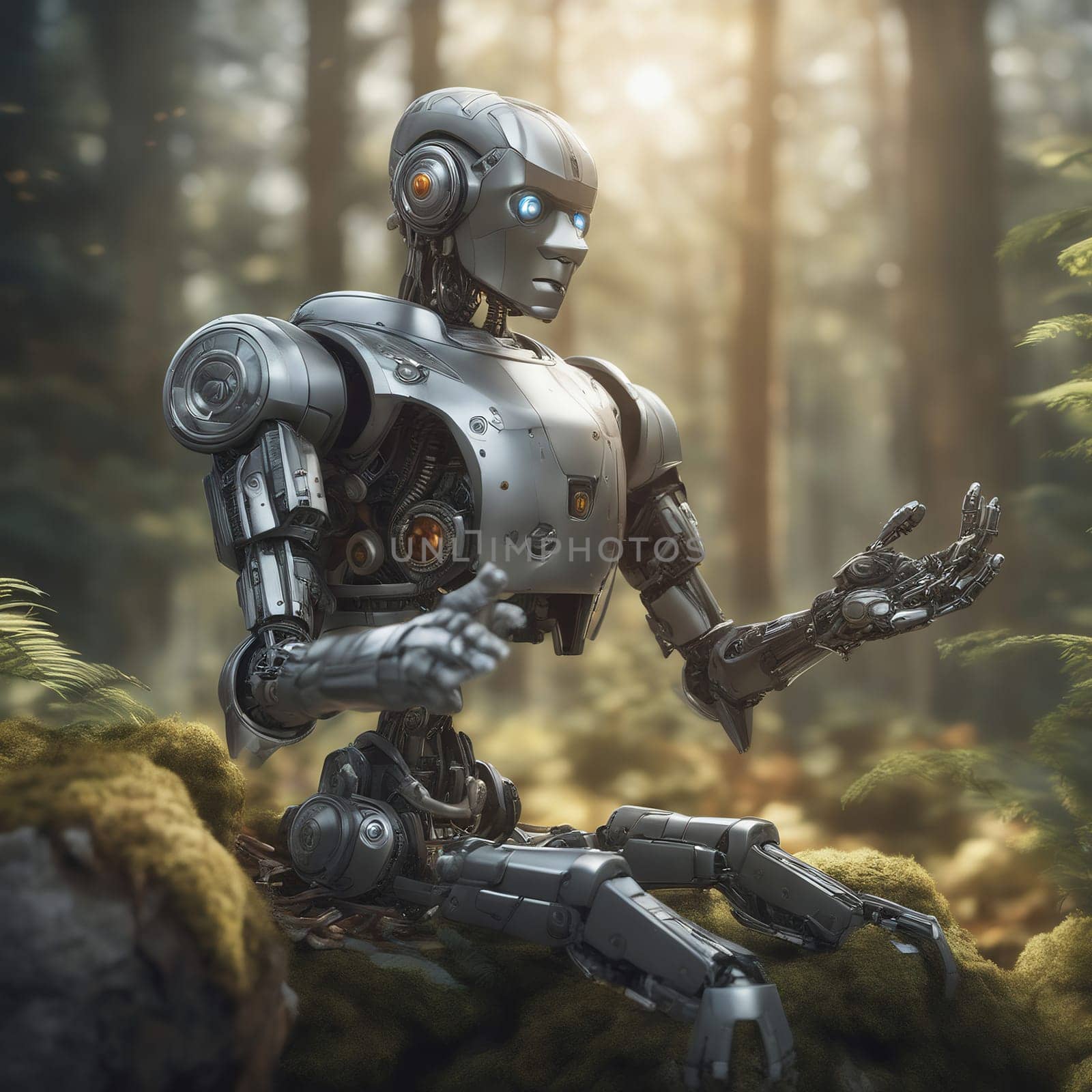 Robot sits in the forest. Future fantasy in which technology and nature meet peacefully. AI image