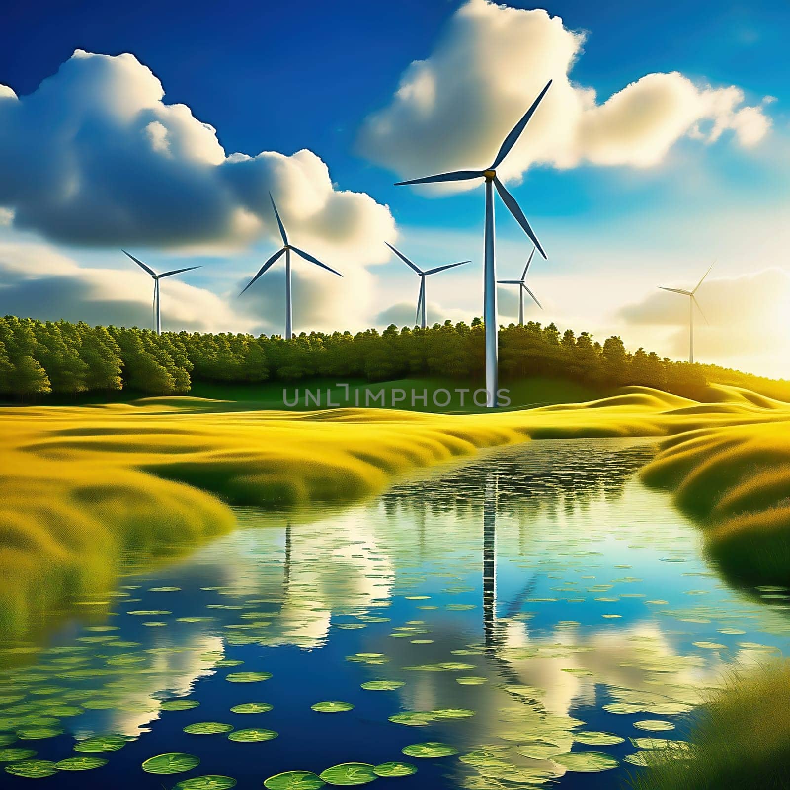 Green technology. Renewable with a wind turbine on the water in nature. AI picture