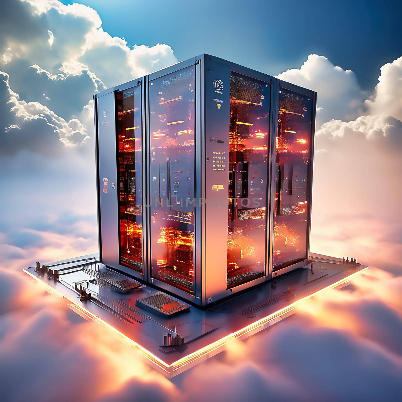 Server room with server cabinets, digitalis for host PC. Management and storage of data. AI generated image.