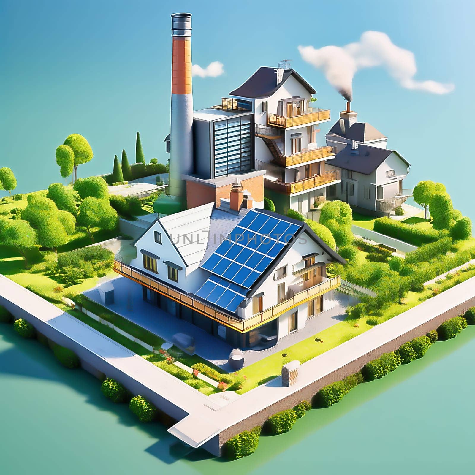 Green technology. Eco house of the future. Renewable energy implemented in architecture. AI generated image