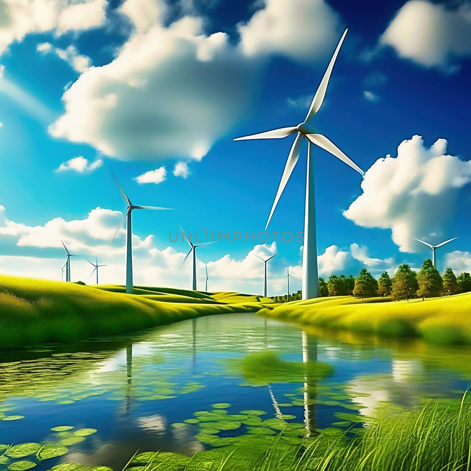 Green technology. Renewable with a wind turbine on the water in nature. AI picture