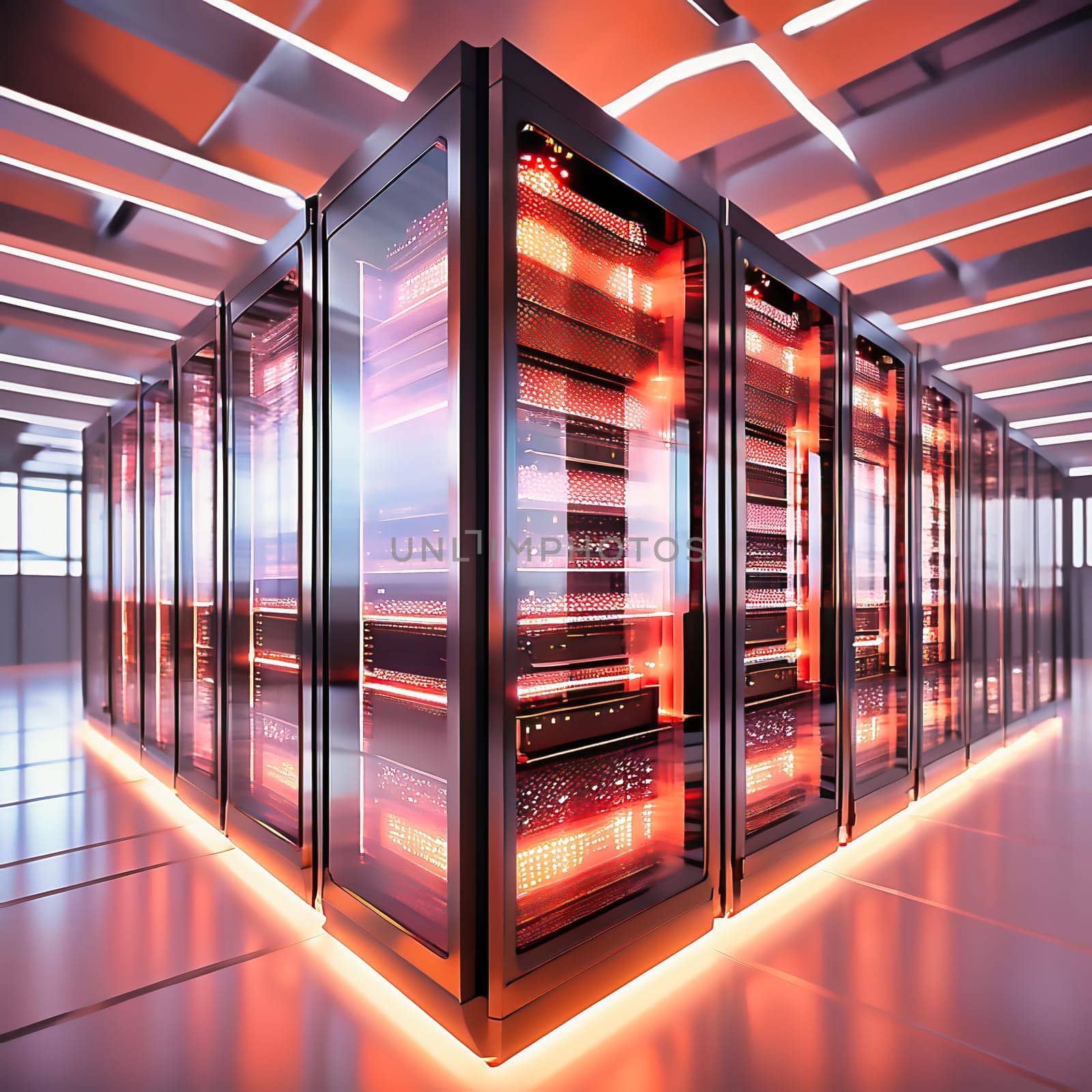 Server room with server cabinets, digitalis for host PC. Management and storage of data. AI generated image.