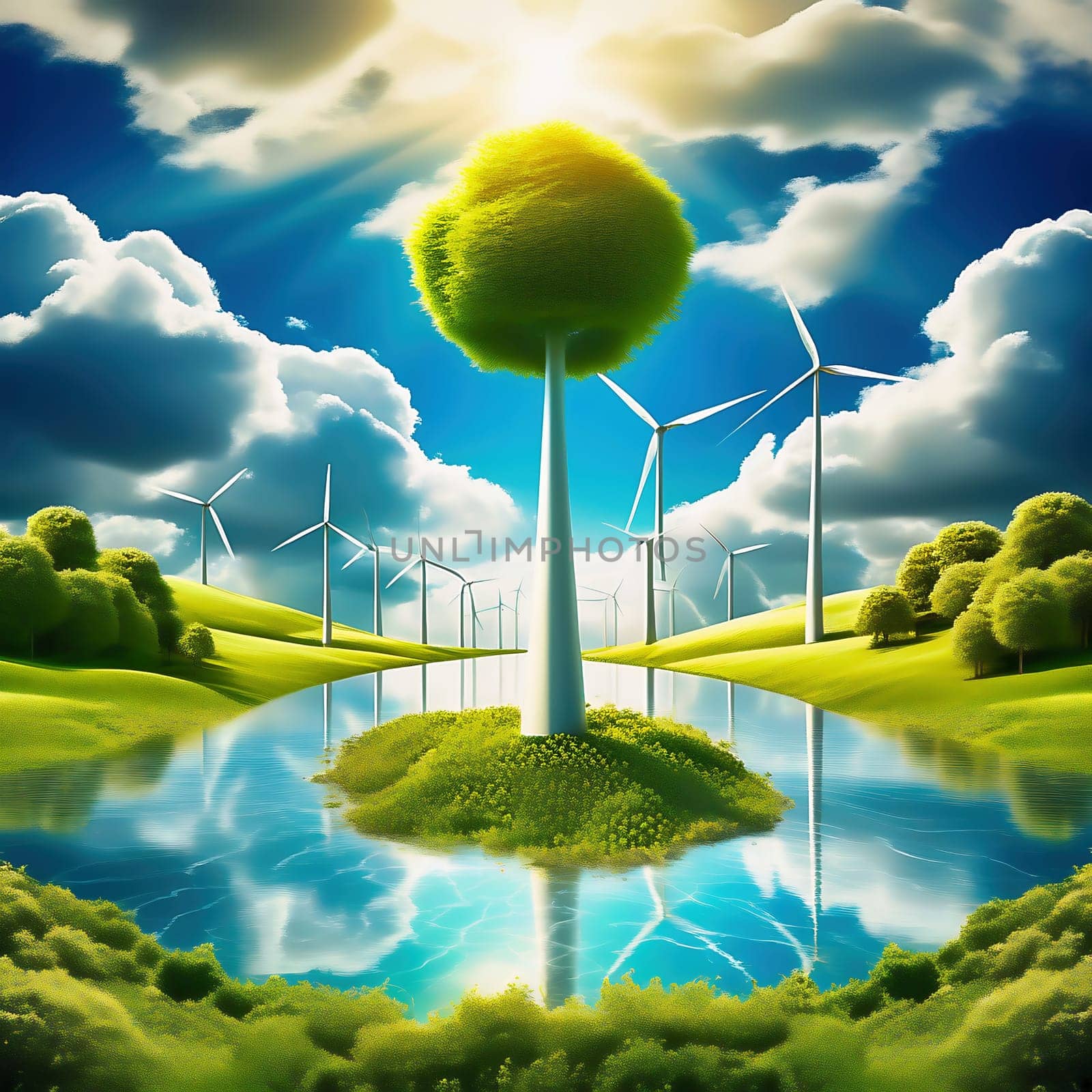 Green technology. Renewable with a wind turbine on the water in nature. AI picture