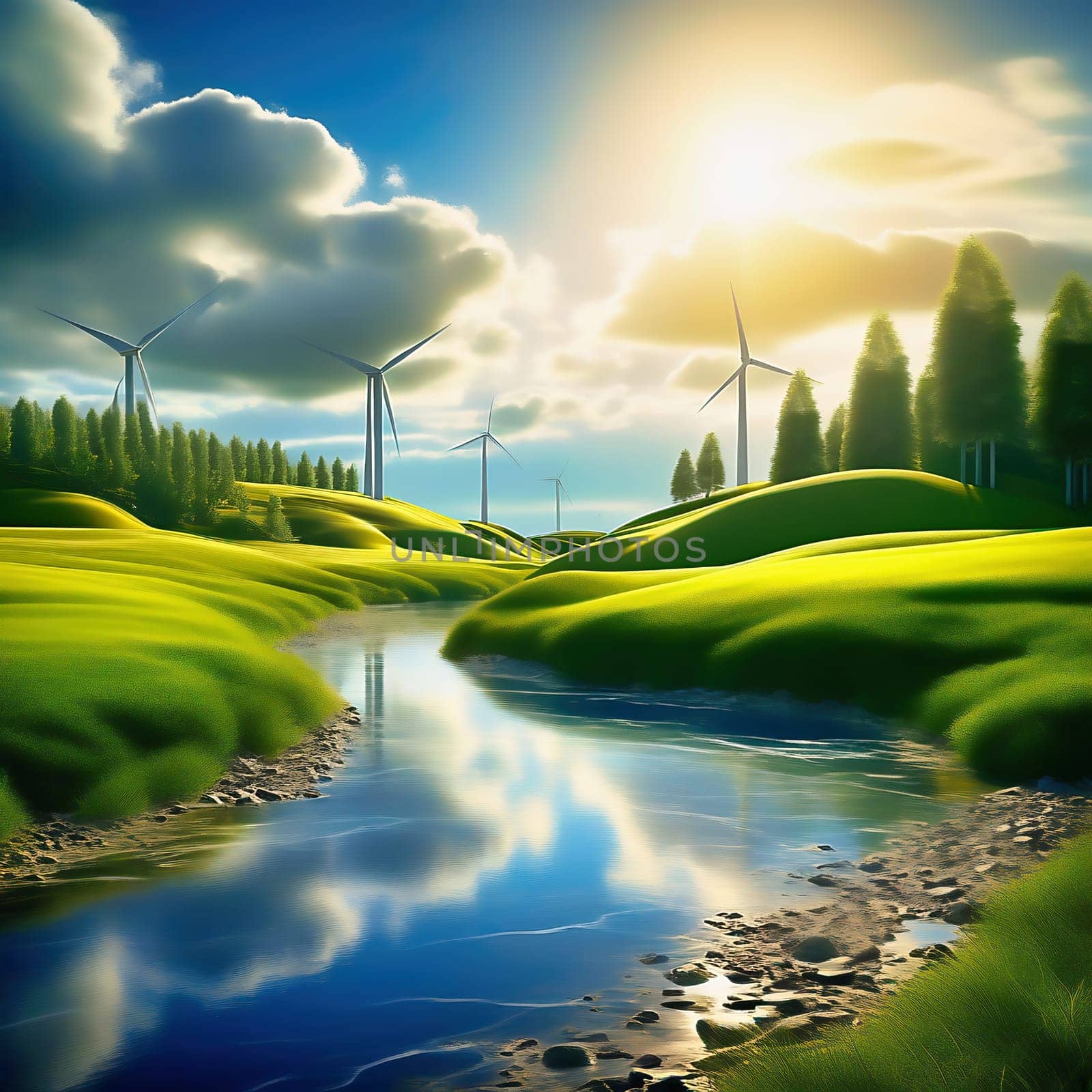 Green technology. Renewable with a wind turbine on the water in nature. AI picture