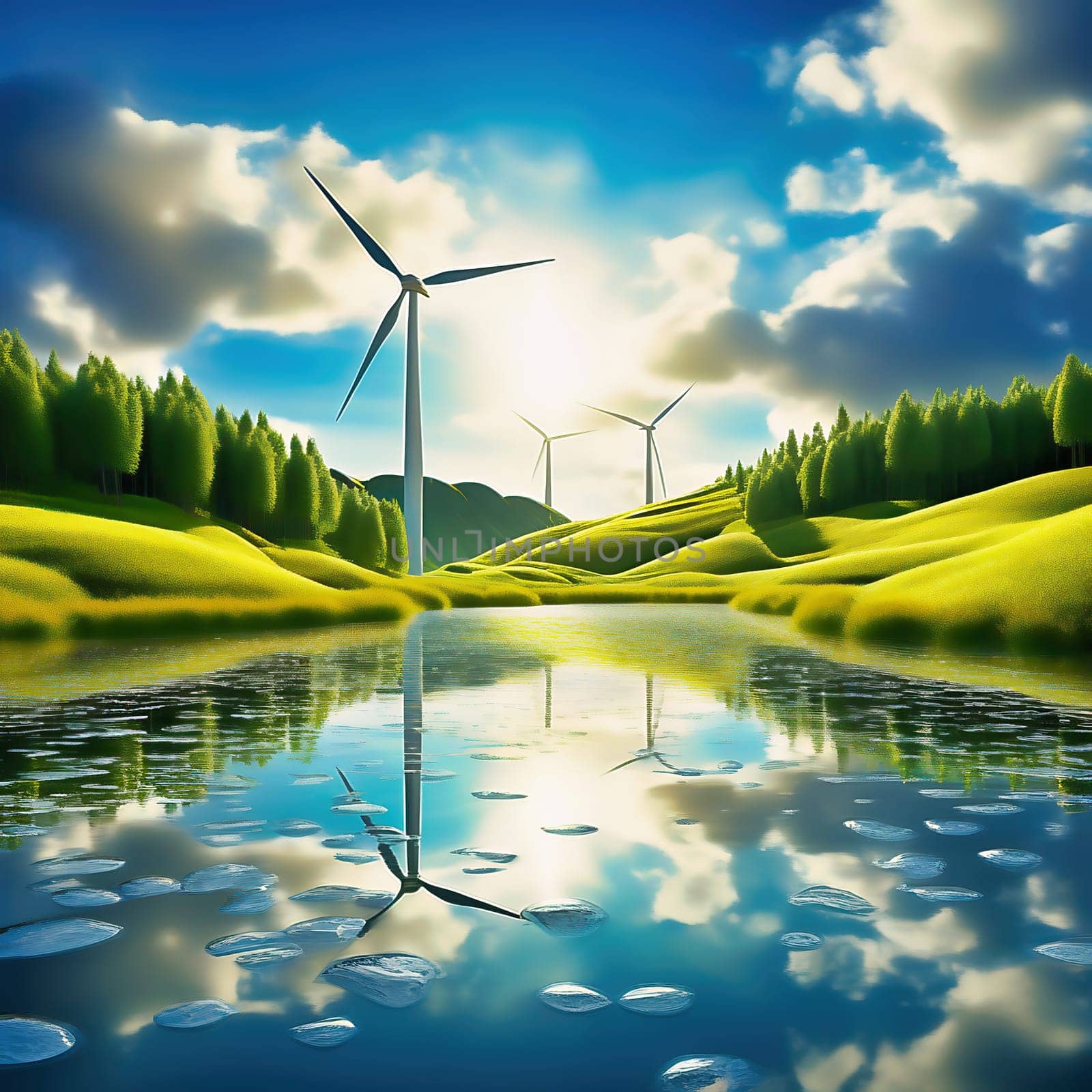 Green technology. Renewable with a wind turbine on the water in nature. AI picture