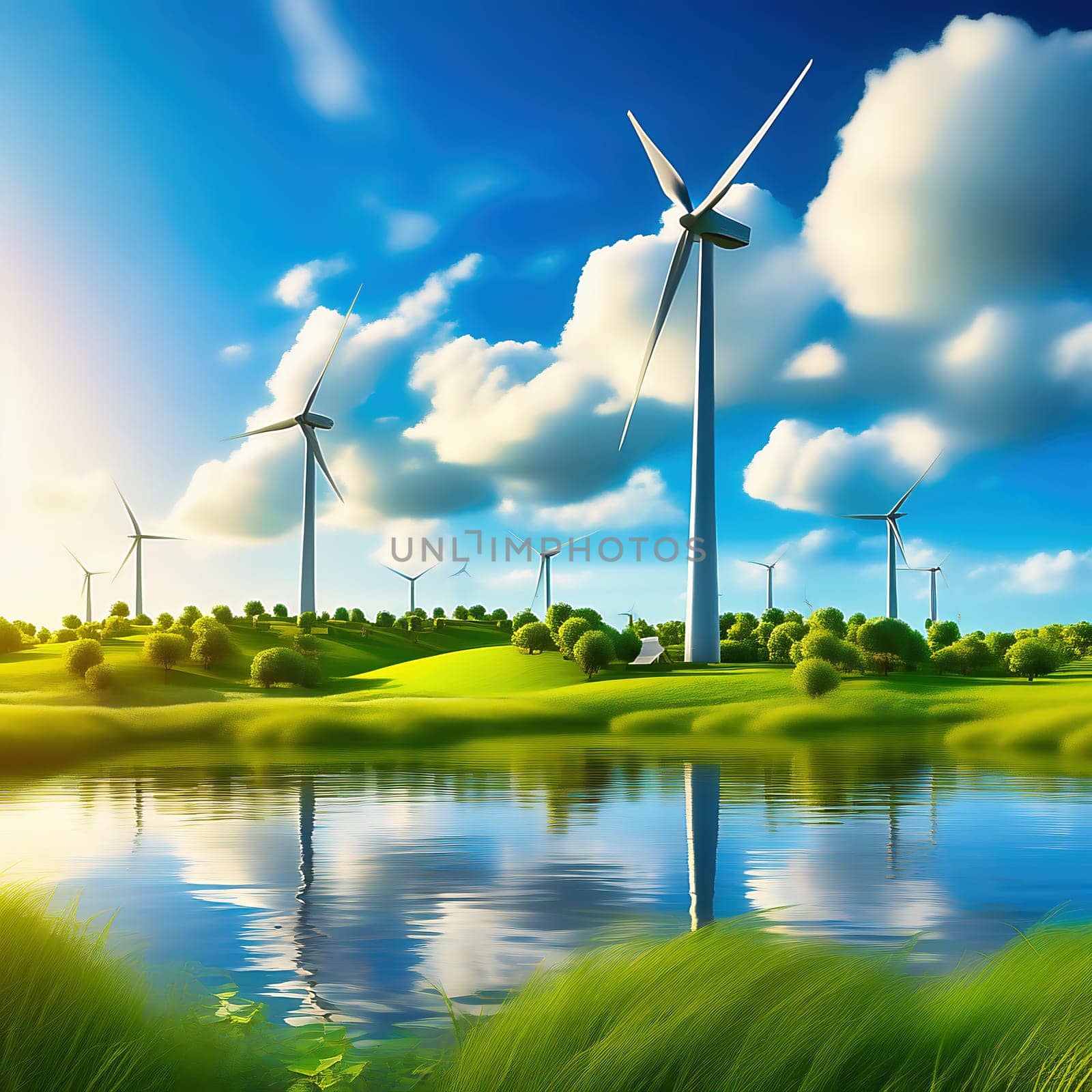 Green technology. Renewable with a wind turbine on the water in nature. AI picture
