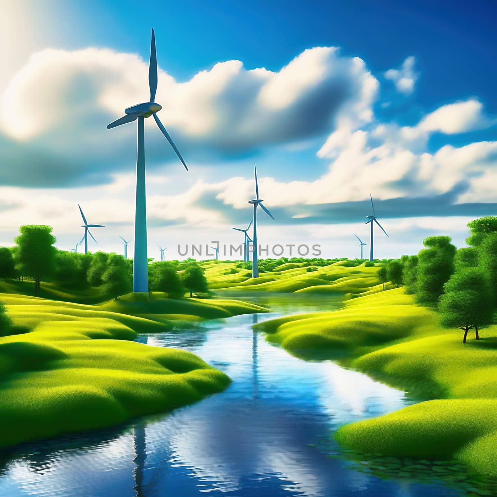 Green technology. Renewable with a wind turbine on the water in nature. AI picture