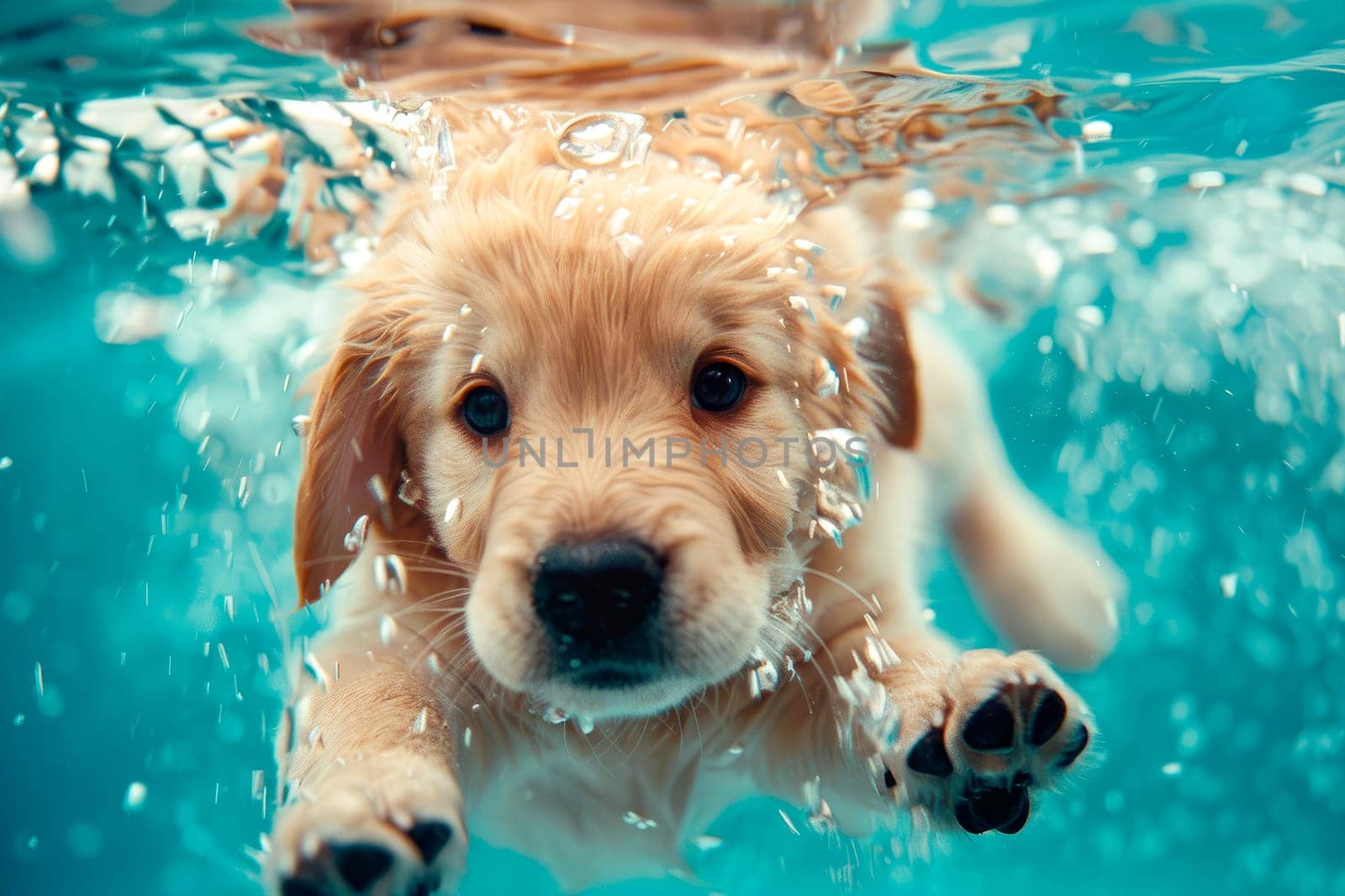 Underwater funny image of golden labrador retriever puppy in a swimming pool. Activities, training classes with family pets.  AI generated