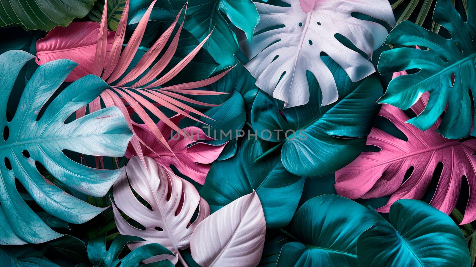 Creative nature background. Colorful tropical palm leaves. Minimal summer abstract jungle or forest pattern. AI generated