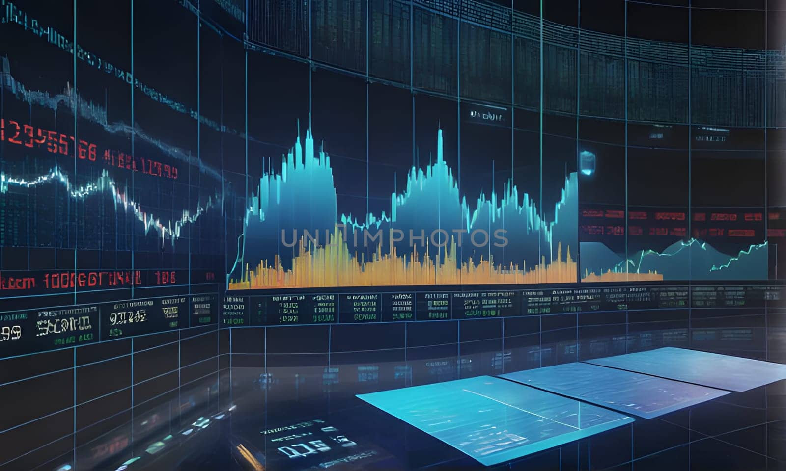 A modern trading room with multiple screens displaying financial data, including charts and graphs. The screens are arranged in a grid pattern, and the data is displayed in real time.