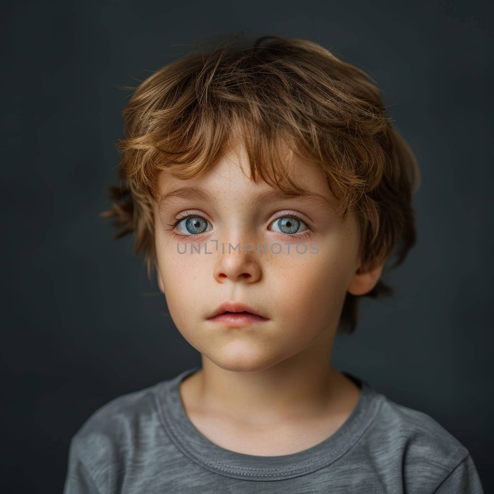 A young boy's portrait captures a moment of youthful wonder, his deep blue eyes reflecting innocence and curiosity