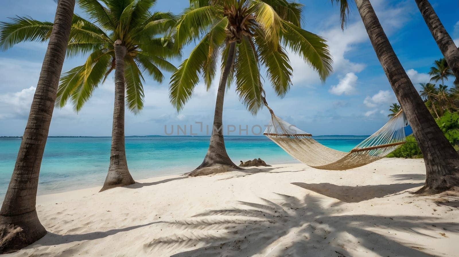 Two palm trees stand tall on a pristine white sand beach, offering shade to a hammock hanging between them. The hammock sways gently in the breeze, offering a perfect spot to relax and enjoy the breathtaking view of the turquoise ocean.