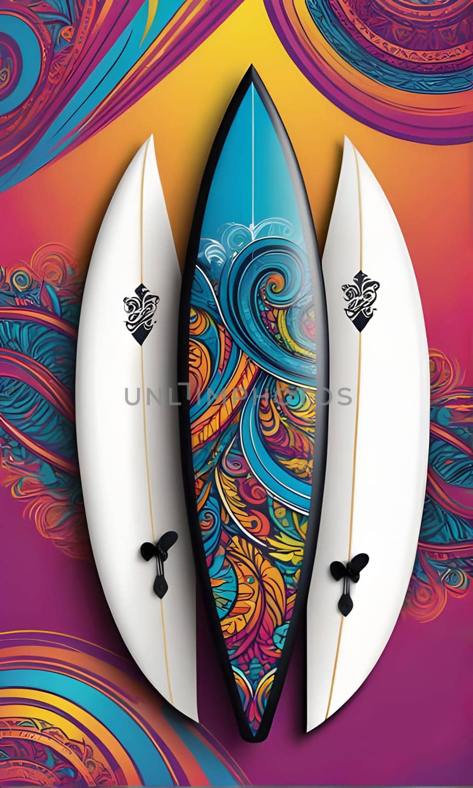 Three surfboards are arranged vertically against a colorful background of circles and swirls. Two of the surfboards are white with black details, while the third is covered in a vibrant pattern of blue, purple, orange, and yellow.