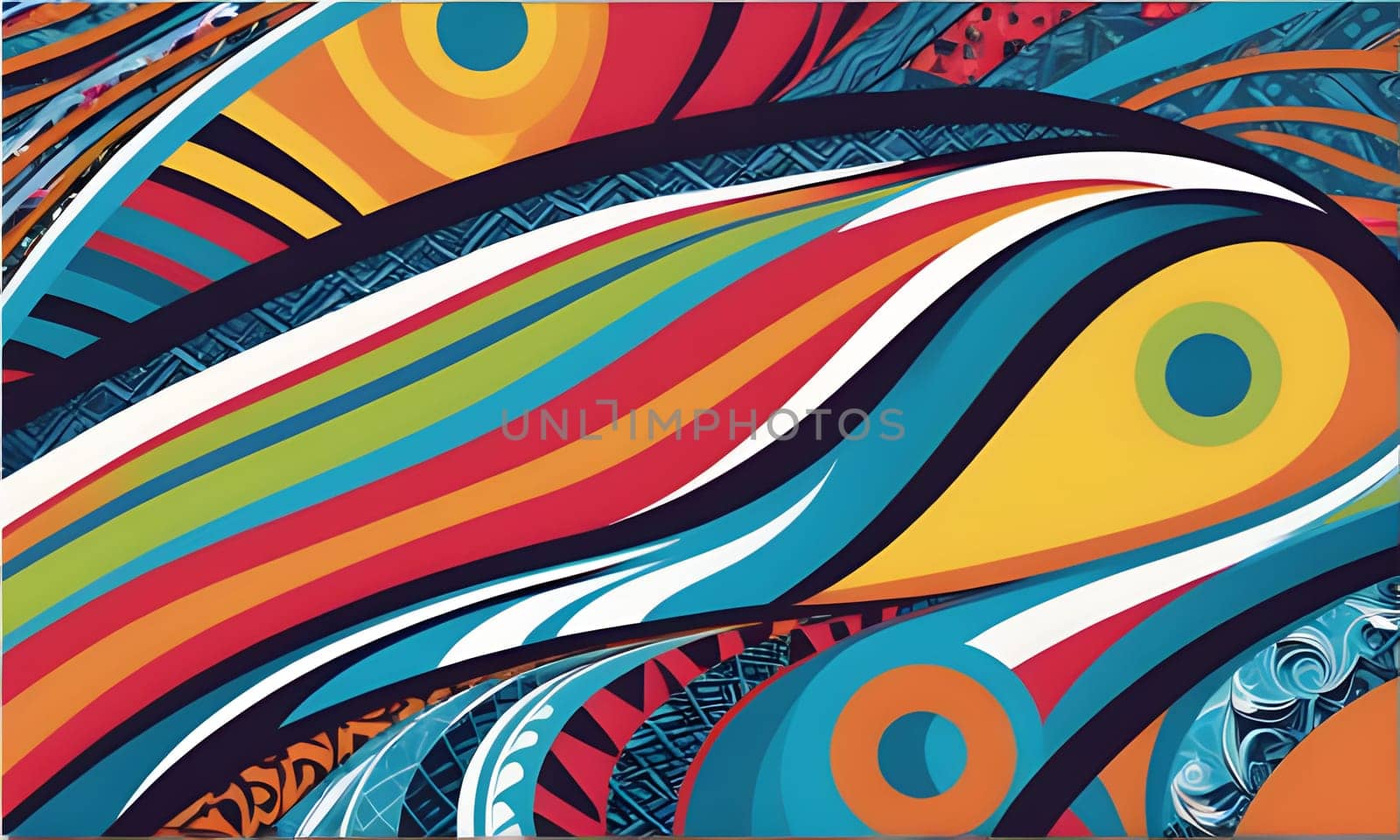 A vibrant abstract artwork featuring swirling, curved lines in bright hues of red, yellow, orange, green, blue, and white. The design incorporates geometric shapes, including circles and triangles, and eye motifs that add depth and intrigue to the composition.