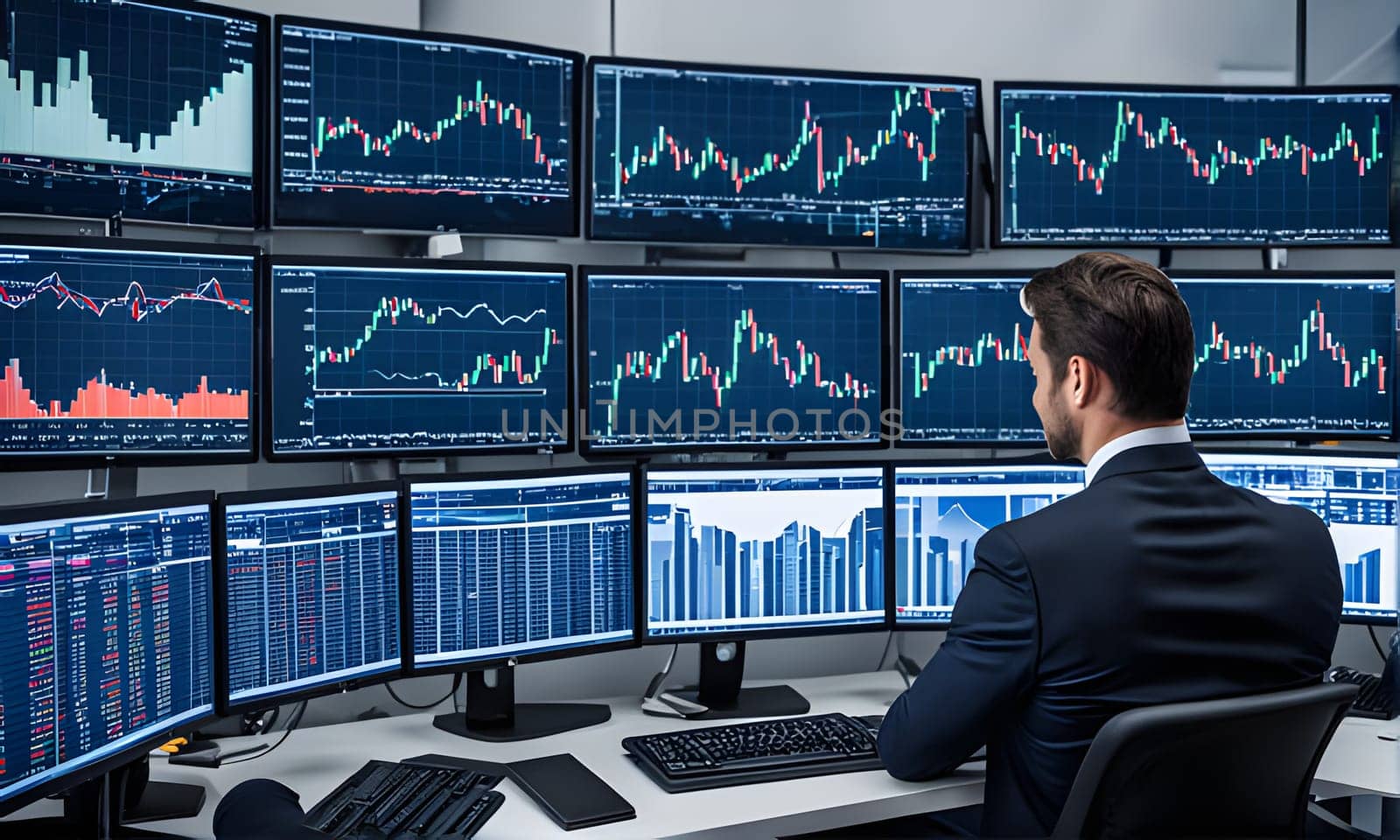 A stock broker sits in front of multiple computer monitors displaying stock market charts, analyzing data and making trades. The room is well-lit, and the broker is dressed in a dark suit, focused on the screens in front of him.