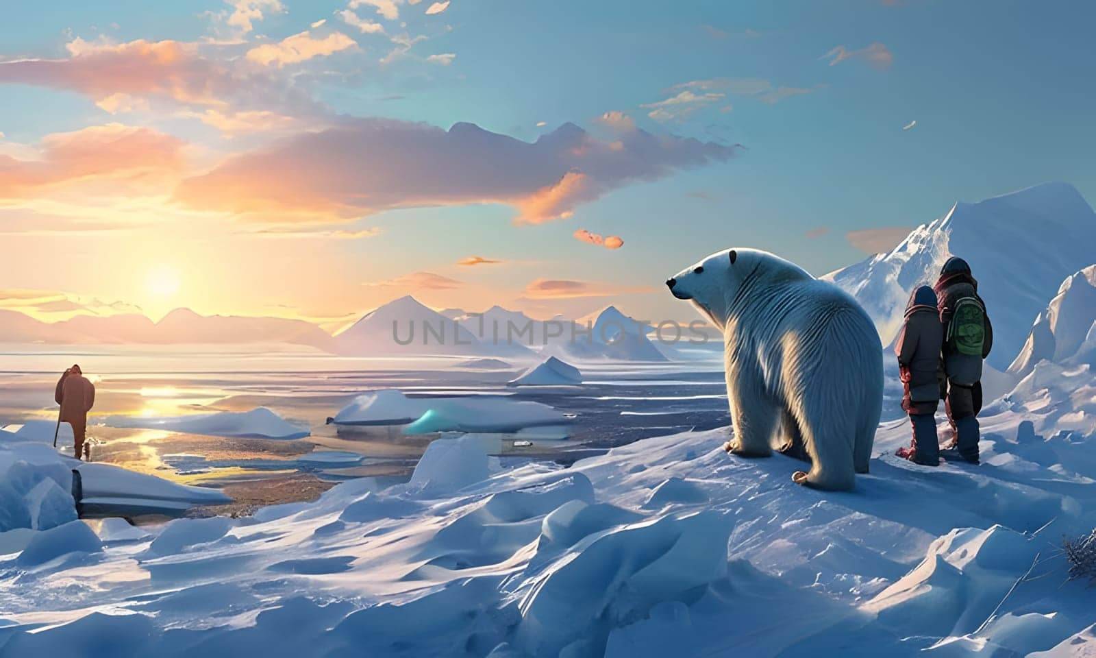 A polar bear stands on a snowy cliff overlooking a vast, frozen landscape. Two people stand nearby, watching the sunset. The sun is setting in the distance, painting the sky with vibrant hues of orange and pink. The ice floes are scattered across the frozen sea, and the mountains in the distance are covered in snow.