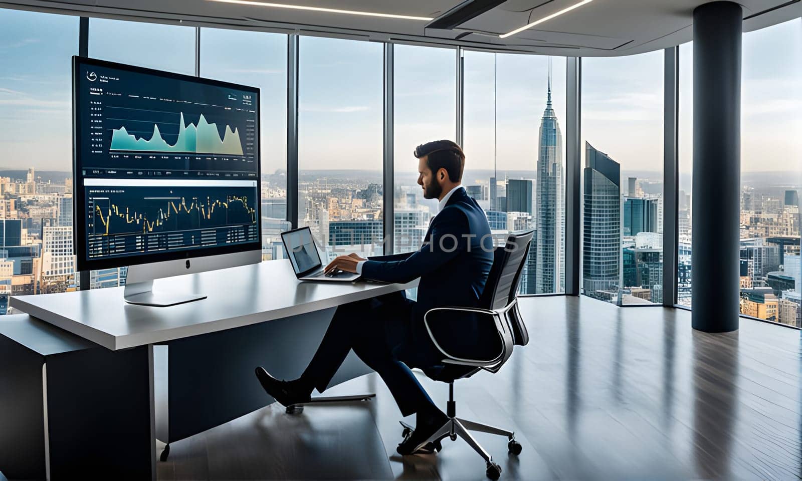 A businessman sits at a desk in a modern office, working on his laptop. He is focused on the task at hand, while overlooking a panoramic view of the city from a high-rise building. The desk is clean and organized, with a large monitor displaying financial data in the background.