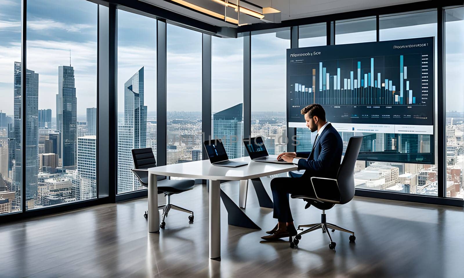 A businessman in a suit sits at a white desk in a modern office, working on a laptop. He is looking at a large screen displaying a graph with financial data, while overlooking a city skyline from the large windows behind him.