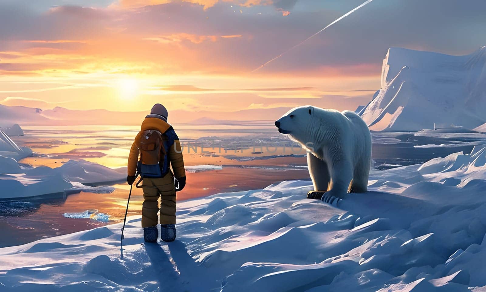 A lone hiker stands in the vast, frozen expanse of the Arctic, gazing towards a dramatic sunset as a polar bear stands on the ice nearby. The scene is bathed in warm, golden light, with icebergs and snowy mountains in the background.