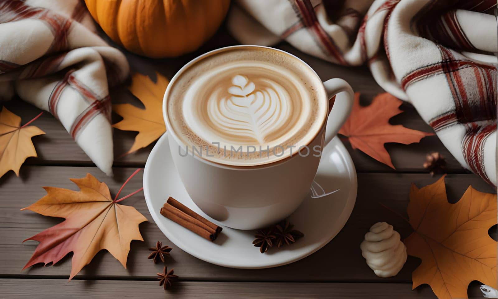 A cup of coffee with latte art sits on a wooden table surrounded by autumn leaves. The coffee cup is on a white saucer with two cinnamon sticks and star anise. A blanket with red and white plaid rests on the table, and a small pumpkin sits next to it.