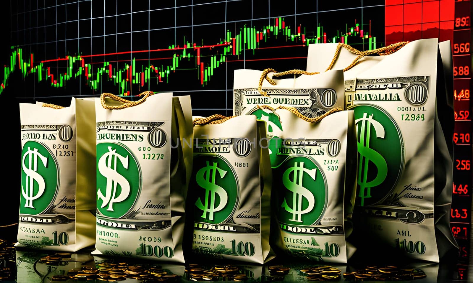 A row of money bags printed with dollar bills, each displaying a large green dollar sign, sits in front of a stock market chart displaying fluctuating values.