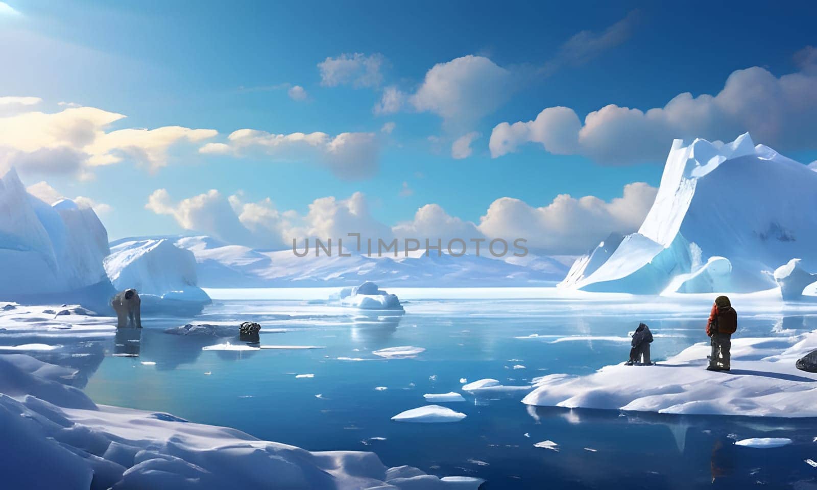 Two people hike on a frozen lake in an arctic landscape, surrounded by towering glaciers and a blue sky dotted with white clouds. The sun shines brightly on the scene, illuminating the snowy peaks and the icy surface of the lake.