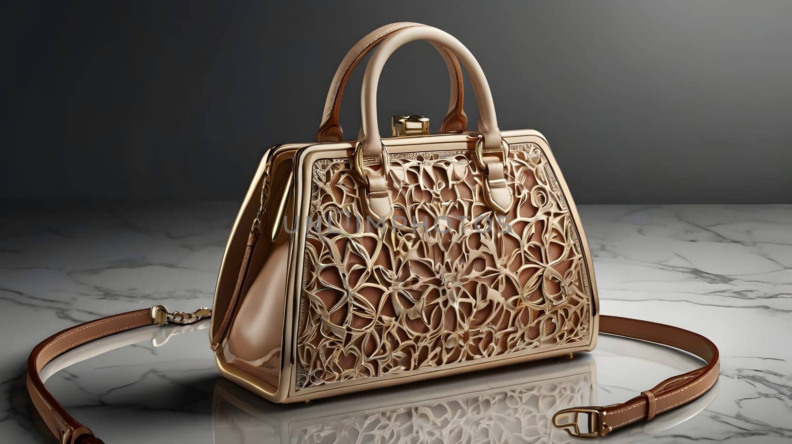 A luxurious gold handbag with an intricate floral design sits on a polished marble surface. The handbag has a top handle and a long strap, suggesting versatility in carrying styles. The delicate floral pattern is cut into the gold surface, creating a visually striking and sophisticated look.