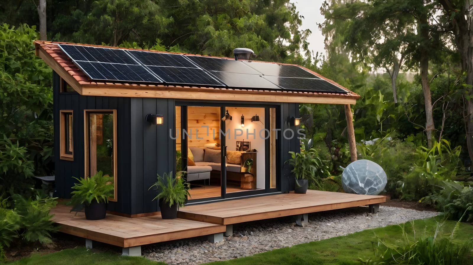 A small, modern home with a black exterior and a wood deck is nestled in a lush, green backyard. Solar panels cover the roof, providing a sustainable energy source. The house has large windows that let in plenty of natural light.
