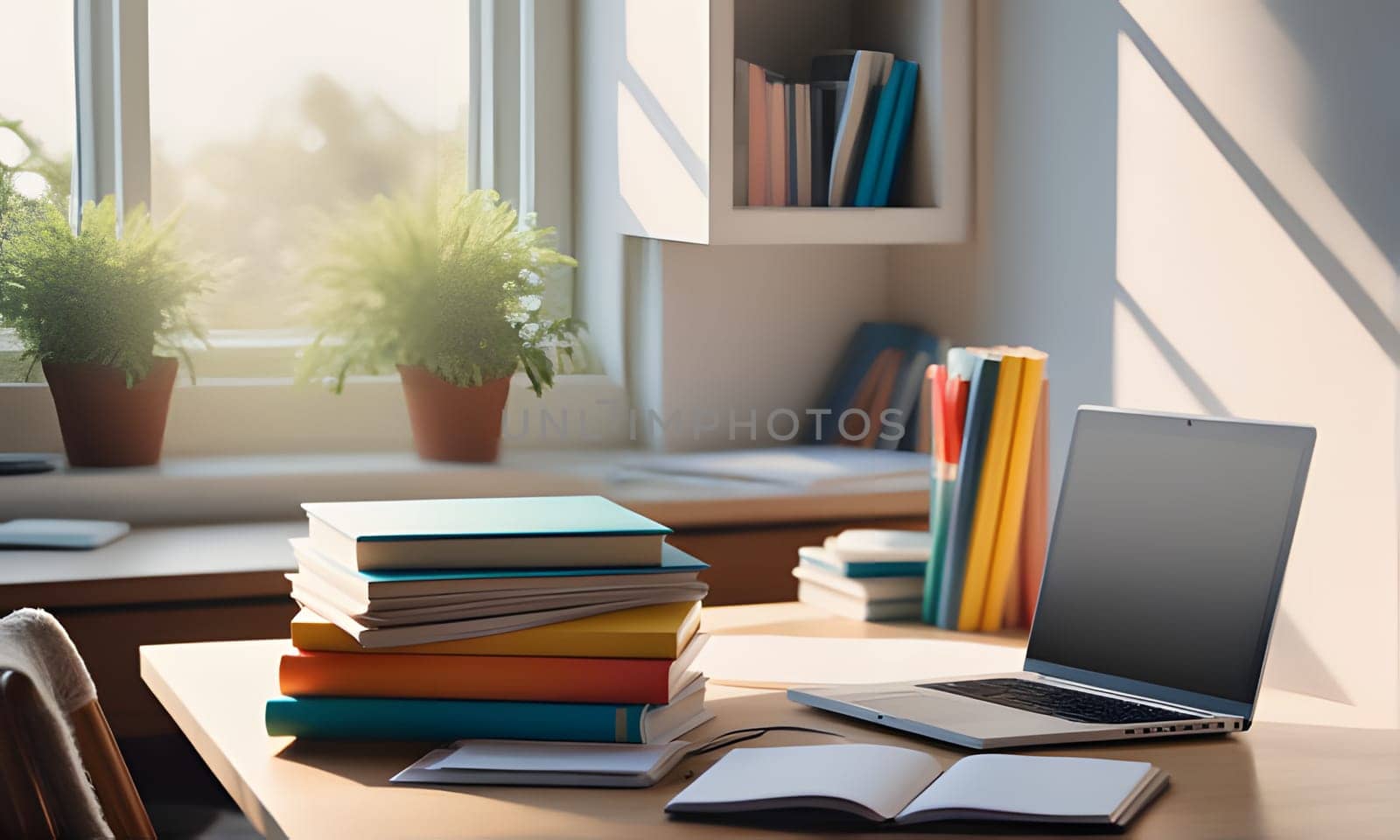 A laptop computer sits open on a wooden desk, with a stack of colorful books to the left. Sunlight streams in from a window, illuminating the desk and casting shadows on the surface.