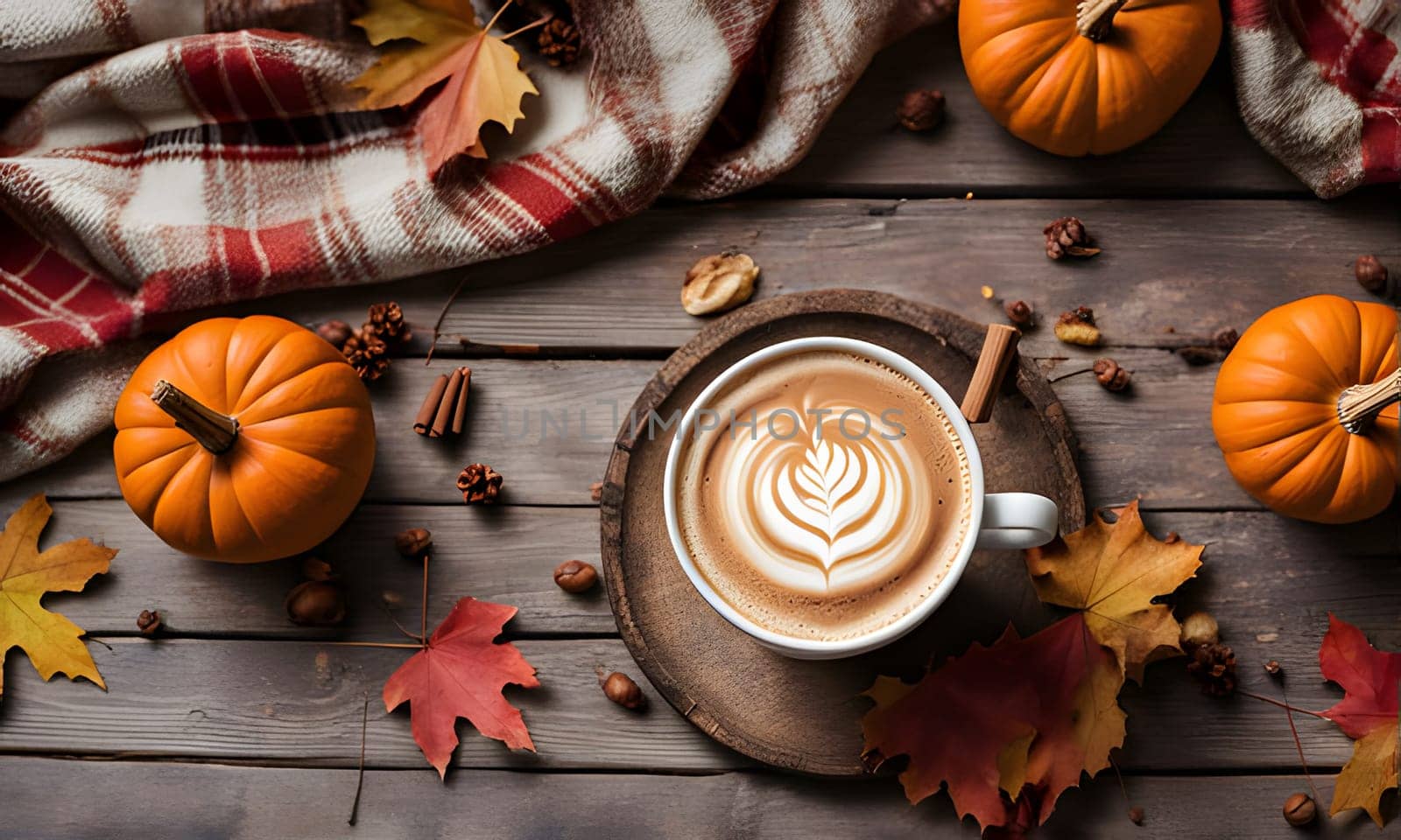 A warm latte with latte art sits on a wooden table surrounded by autumnal decor, including pumpkins, fall leaves, and a plaid blanket.