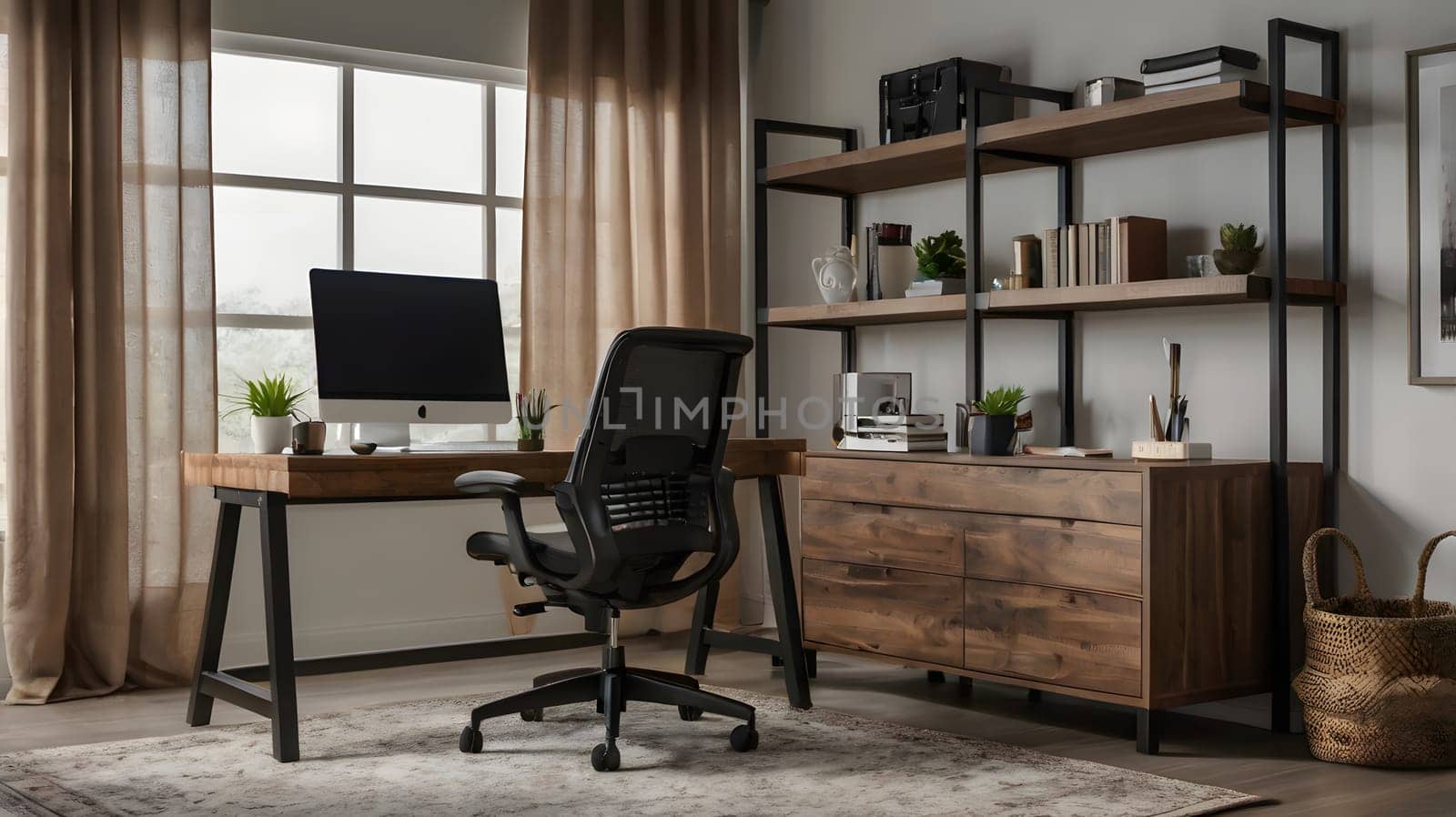 A modern home office features a spacious wooden desk with black metal legs, a black mesh ergonomic chair, and a large window with brown curtains. Natural light streams in through the window, illuminating the desk and chair. A wooden dresser with black metal legs sits to the right of the desk, providing additional storage space. The desk is positioned on a light grey area rug. A bookshelf with open shelves stands against the wall, filled with books, plants, and decorative objects. A wicker basket rests on the floor next to the bookshelf.