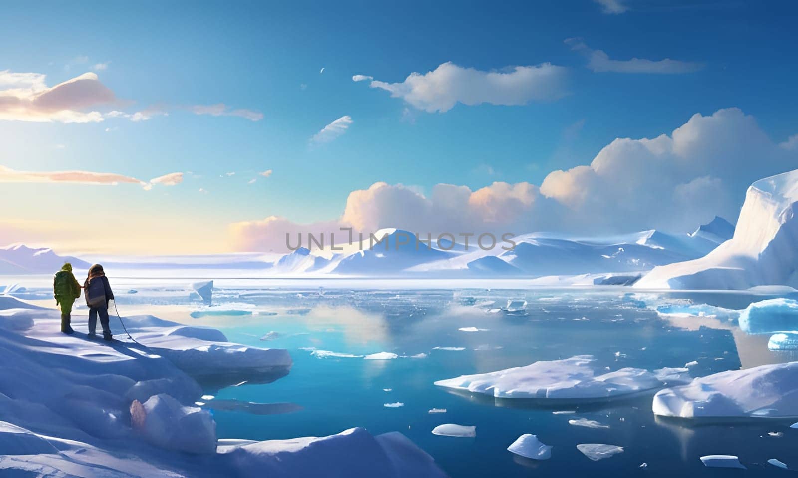 Two hikers stand on a snowy plateau, facing a vast expanse of frozen water and icebergs, with towering glaciers and a clear blue sky in the distance. The sun is setting, casting a golden glow over the icy terrain.