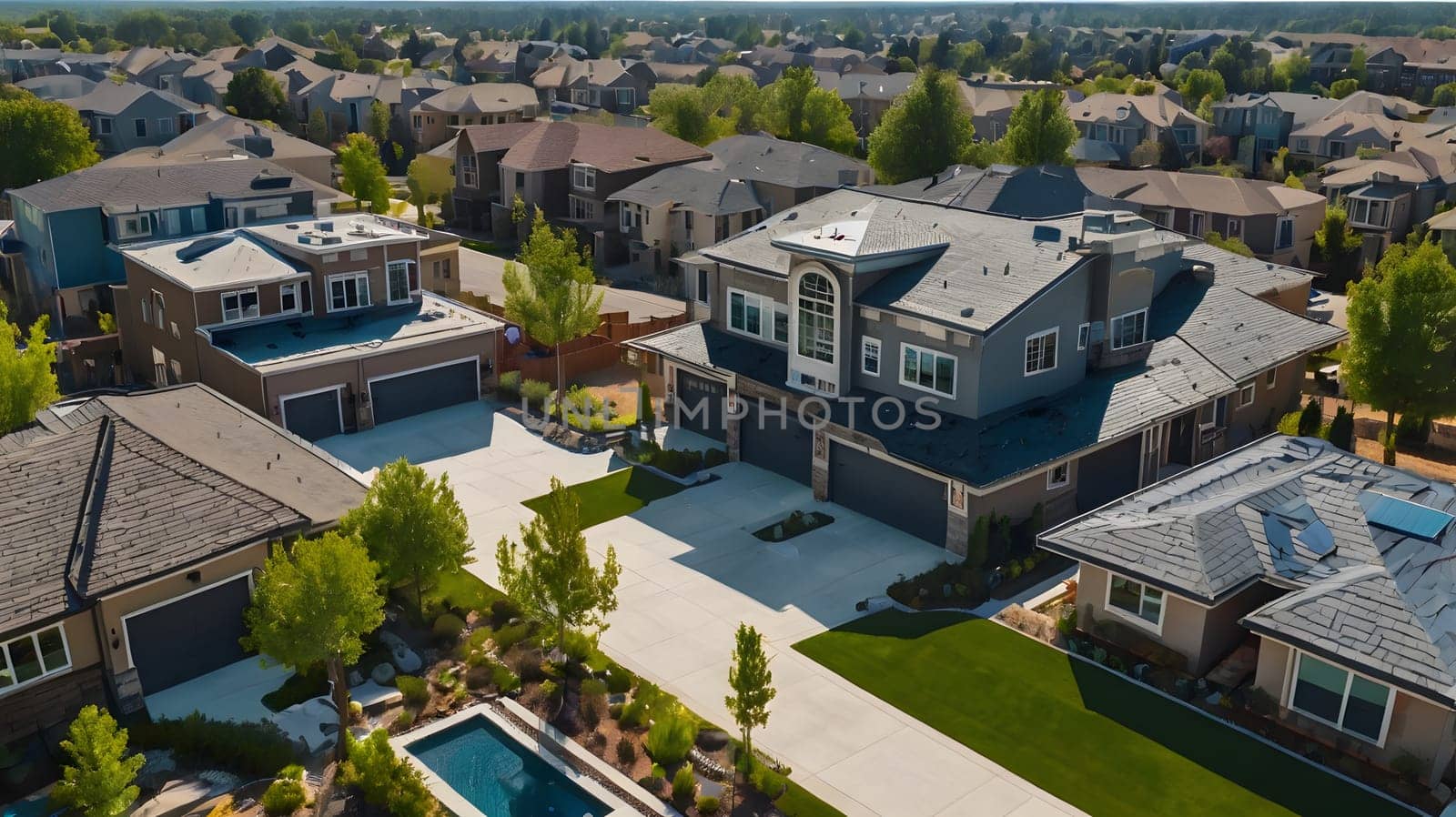 An aerial view of a large, modern home with a slate roof, multiple garages, and a backyard with a swimming pool. The house is situated on a quiet street in a well-maintained suburban neighborhood surrounded by lush green trees.