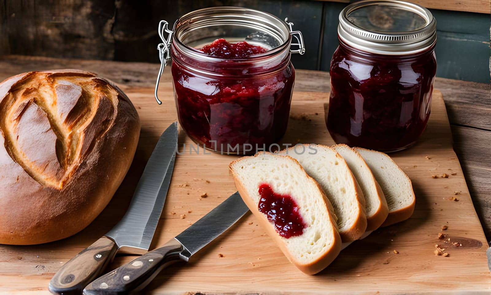Two jars of homemade raspberry jam sit next to a loaf of white bread and two knives on a wooden cutting board. The bread is sliced, and one slice has jam spread on it.