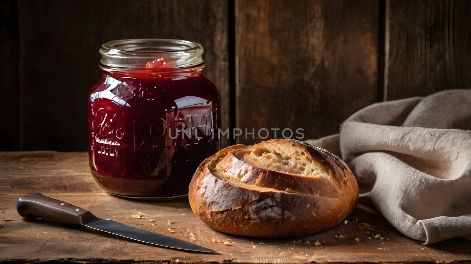 A glass jar of homemade red jelly sits next to a fresh, crusty loaf of bread on a rustic wooden table. A cloth napkin sits beside the bread, and a small knife lays beside the jar of jelly.