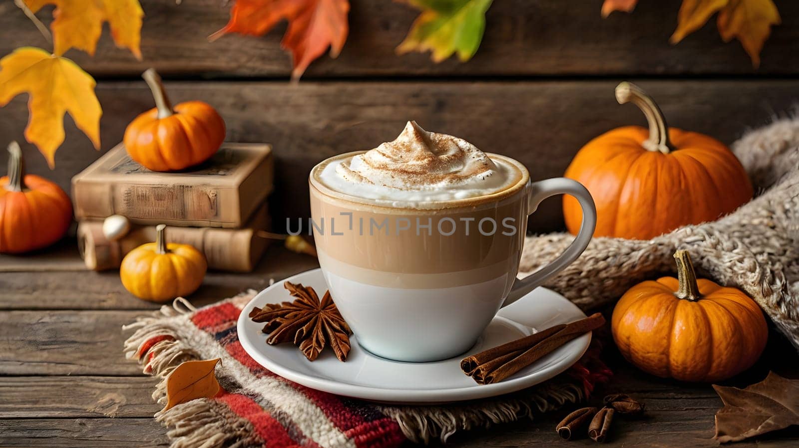 A steaming cup of latte sits on a white saucer with cinnamon sticks, a star anise, and a plaid placemat. The latte is topped with whipped cream and sprinkled with cinnamon. Small pumpkins sit around the cup, surrounded by fall leaves and old books on a rustic wooden table.