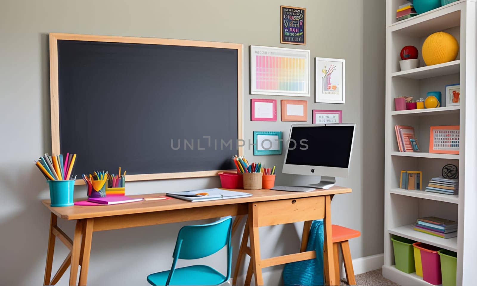 A home office desk with a chalkboard, a computer, and colorful pencils in a cup. A bookshelf with colorful books and decorations is to the right. The desk is made of wood, and the walls are painted a pale grey.