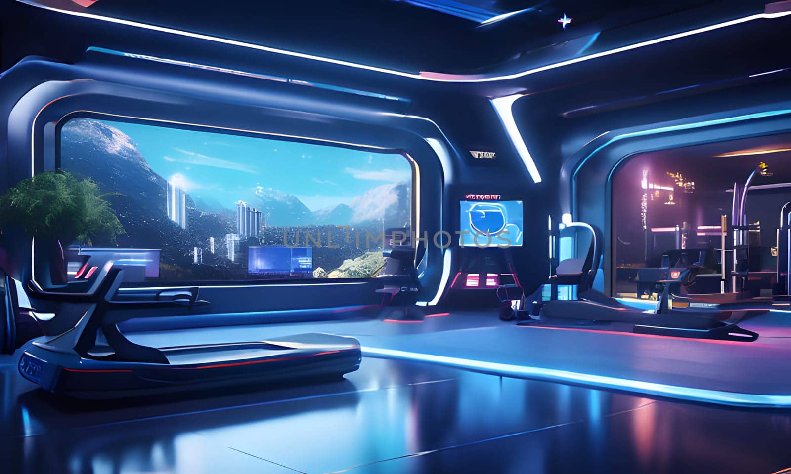 The interior of a futuristic spaceship or home, with large windows showing a view of a city and mountains in the distance. The room features a sleek, black, futuristic-looking control panel with a large screen, as well as a gaming console and other technology. The room is illuminated by blue and purple neon lights, creating a vibrant and modern atmosphere.
